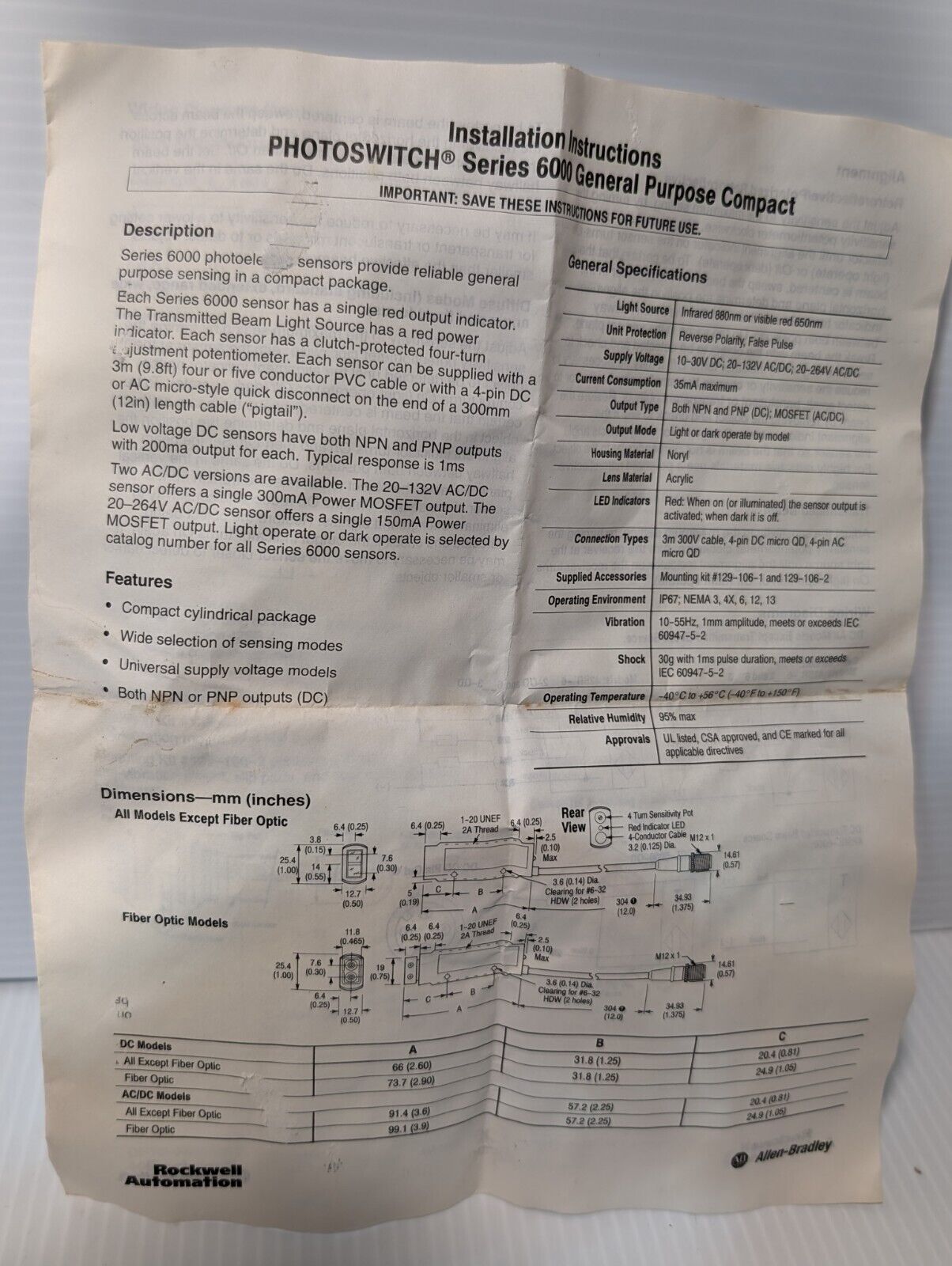 Allen Bradley 42SRU-6002 PhotoSwitch Retroreflective Control, 10-30VDC, 1 watt