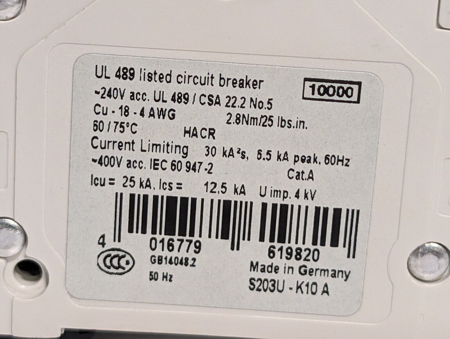 ABB S203U-K10A Circuit Breaker, 3 Pole Unit, Min .4", Made in Germany