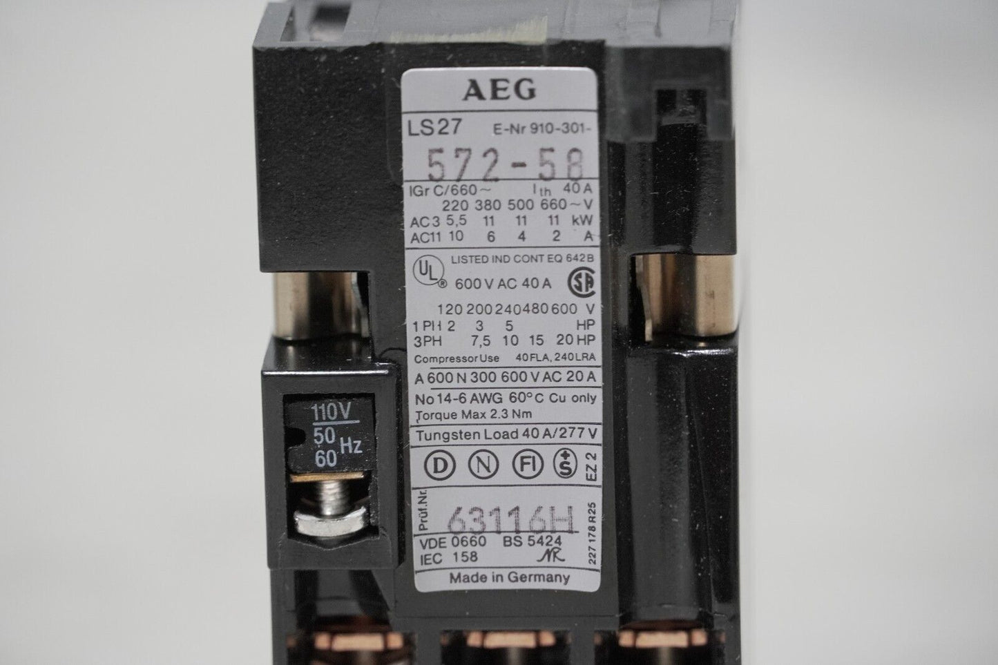 AEG Type LS 27 3-Pole Contactor, 600VAC 40A, LS27.22, LS27
