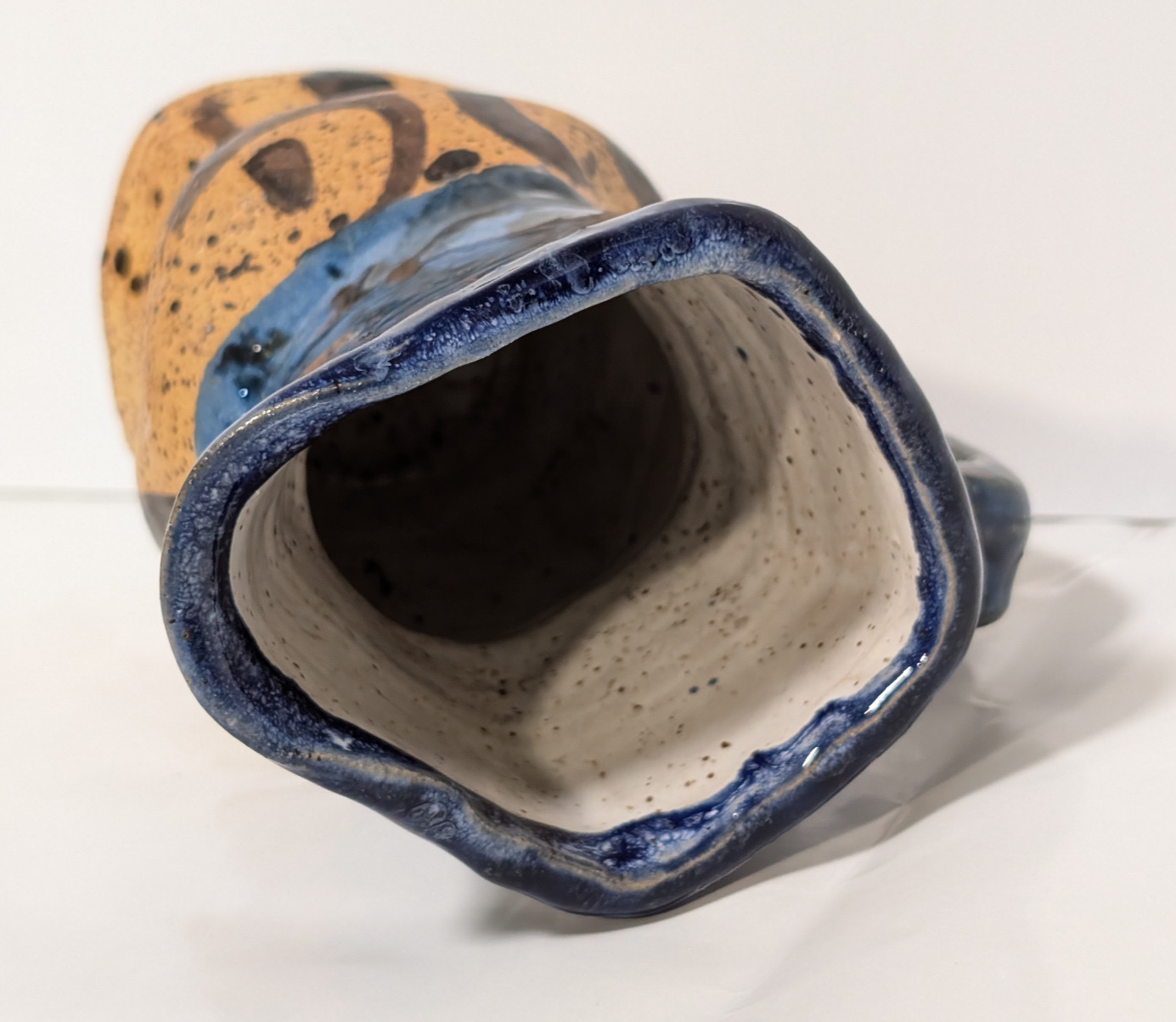 Vintage Blue Brown Glaze Artisan, Folk Art, Handmade, Pottery Mug, Vase, Planter