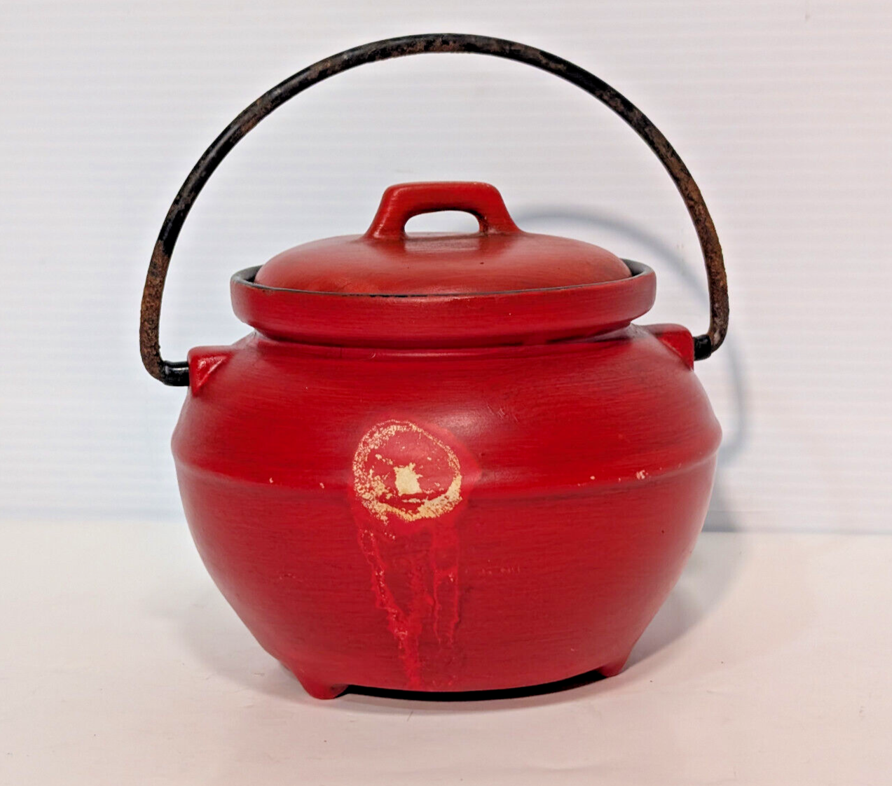 Vintage Mid Century Calif USA 702 Red Bean Pot Jar Black Metal Handle Kettle