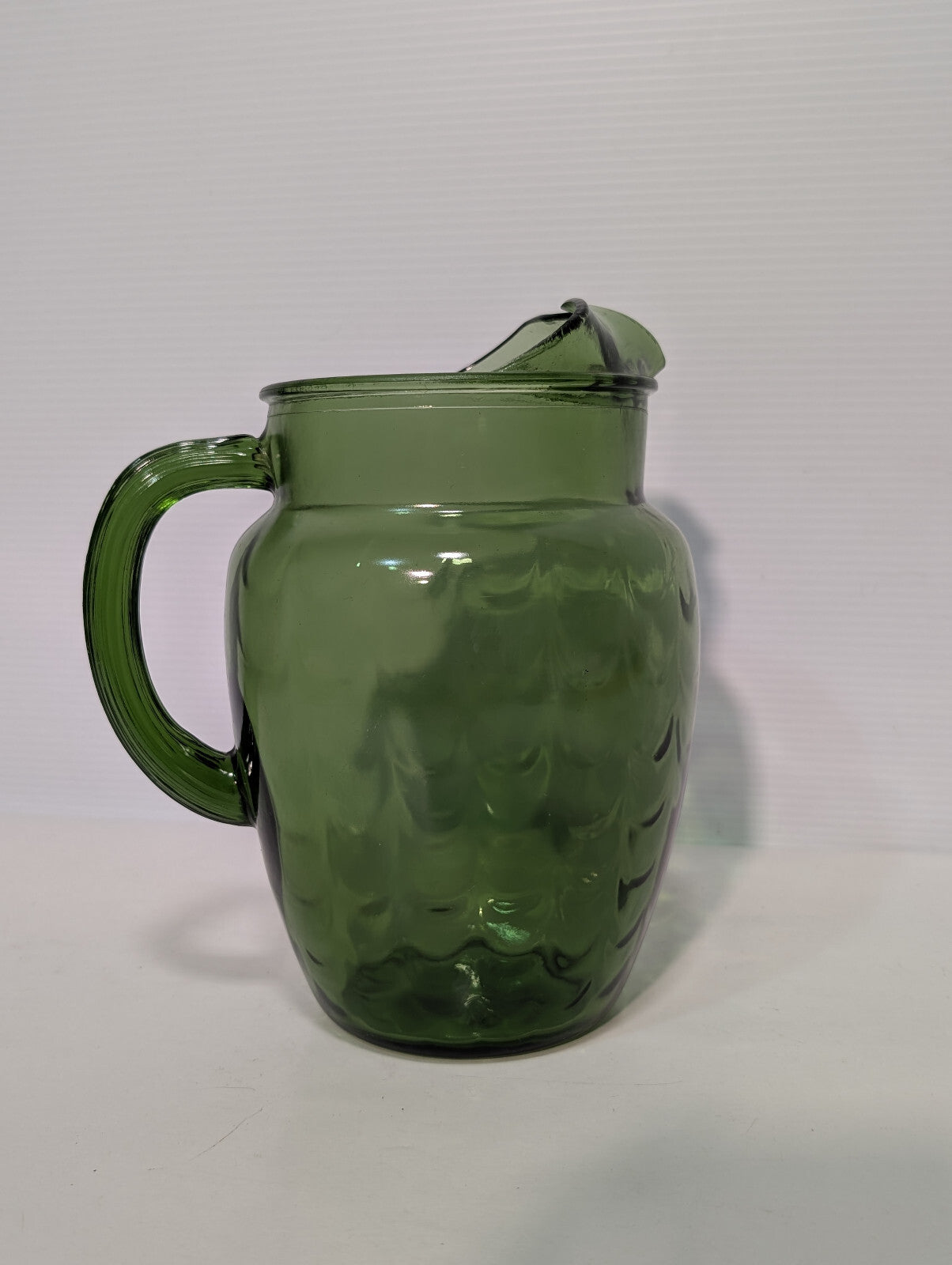 Vintage 1970s Olive Avocado Green Scale Textured Glass Water Pitcher 8" Tall