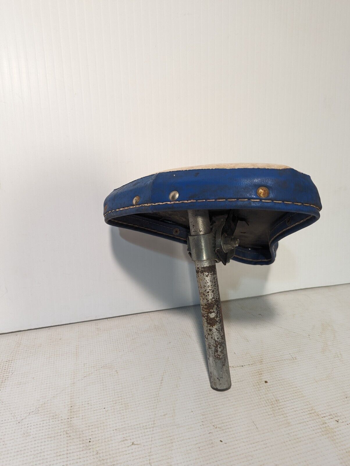 Vintage White And Blue Leather Bicycle Seat - Free Shipping