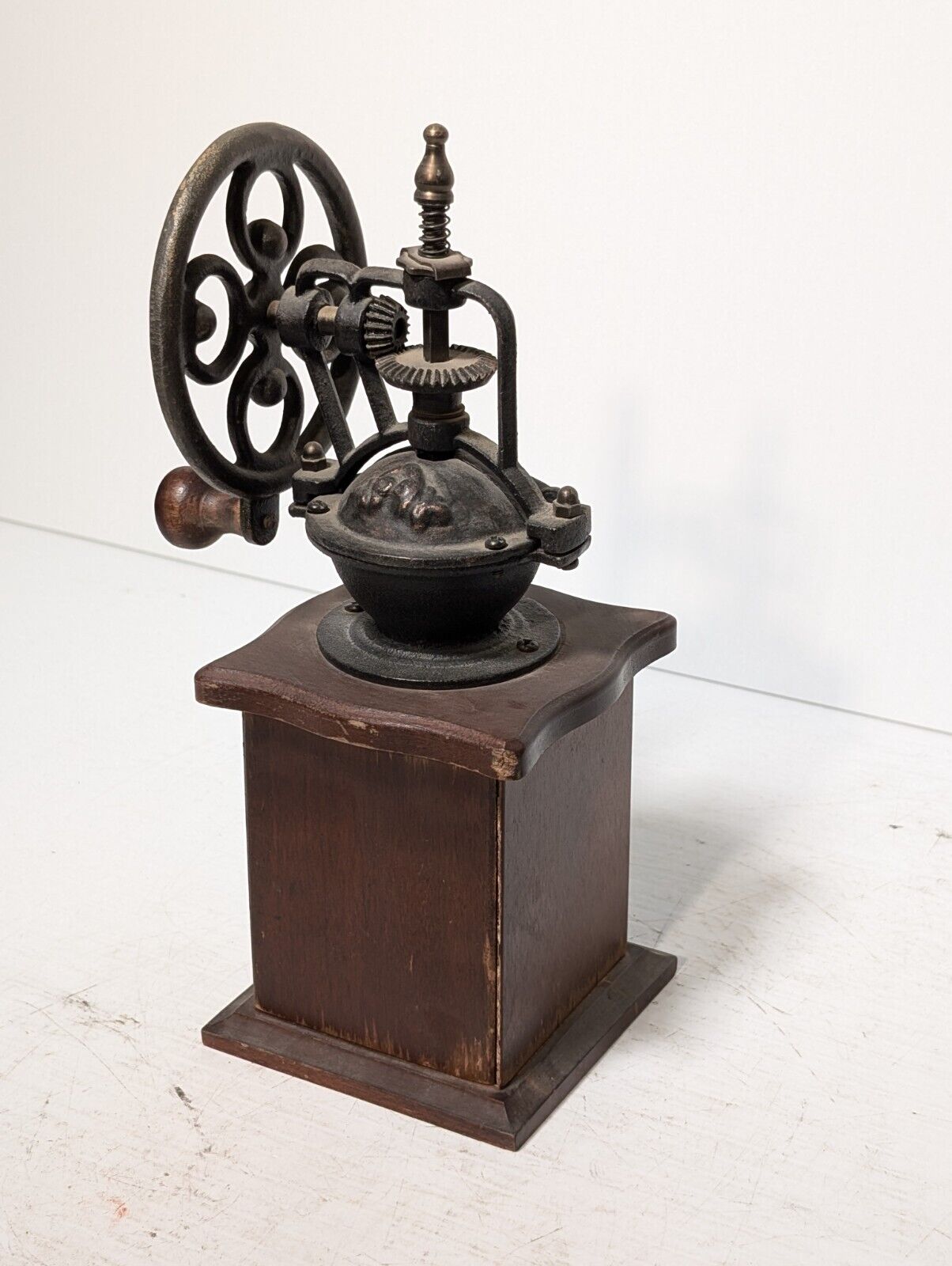 Vintage wood and cast iron manual coffee grinder as pictured with little drawer