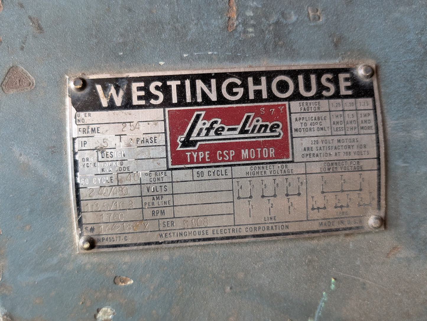 Westinghouse S7Y Type CSP Life-Line Motor 1760RPM, 3PH, 5HP, 254 Frame, 240/480V