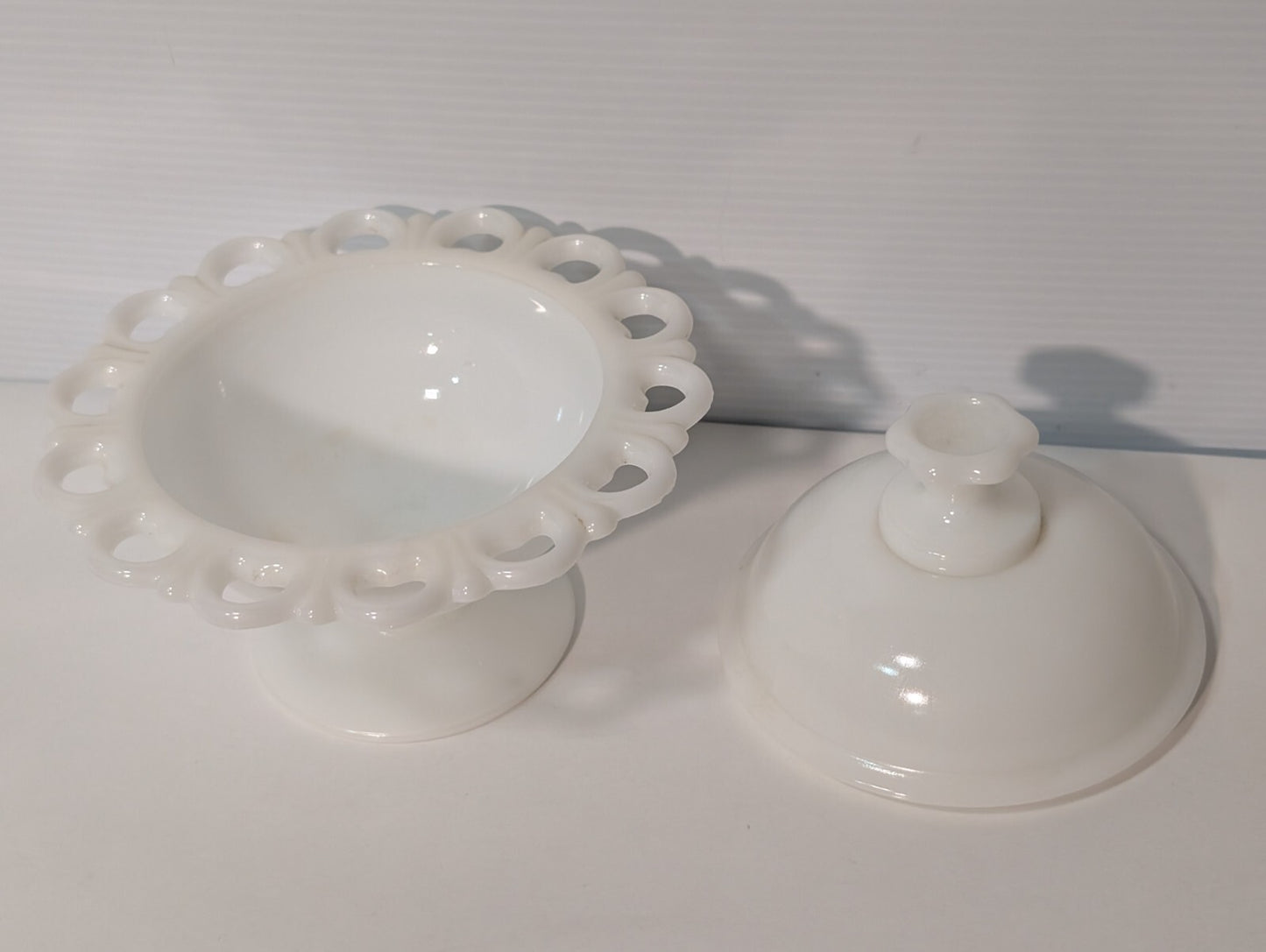 Vintage White Milk Glass Compote Lace Edged Pedestal Candy Dish with Lid, ID: 5"
