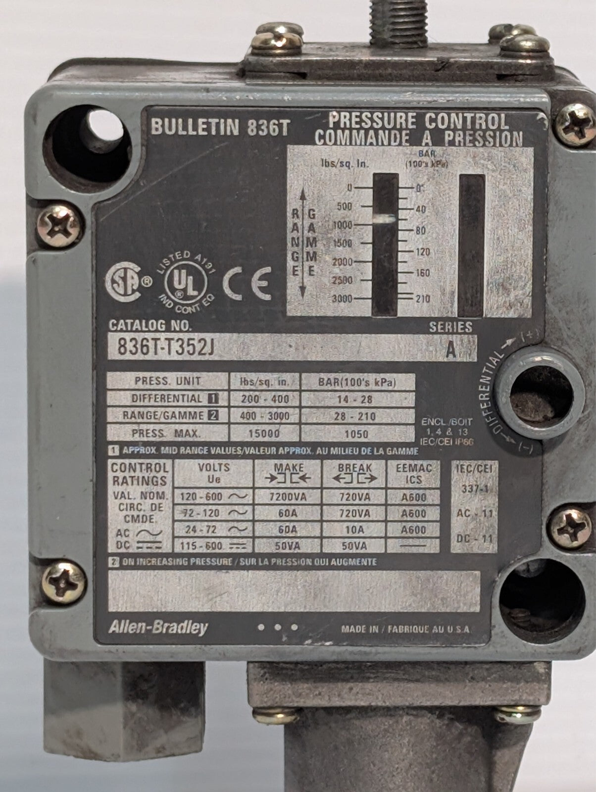 Allen Bradley 836T-T352J Pressure Control 836TT352J Ser A
