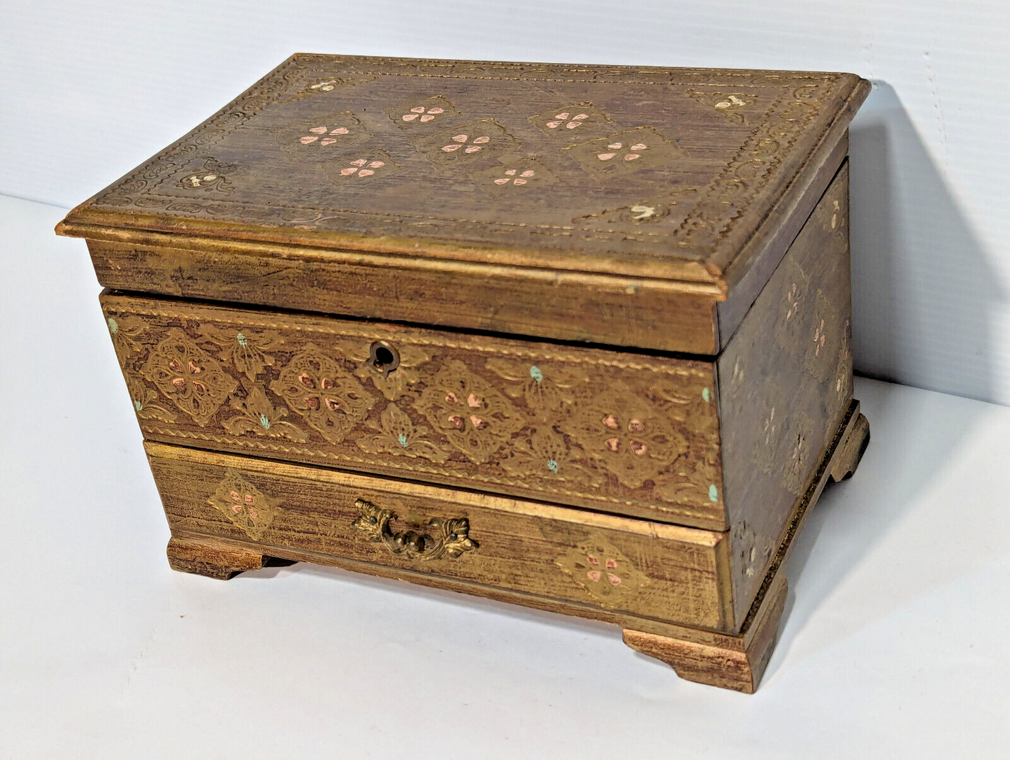 Vintage 1960s Gold Florentine Royal Sealy Wooden Drawer Chest Mirror Jewelry Box