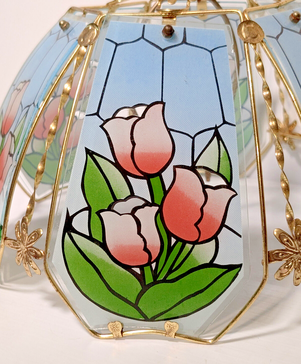 Vintage 80's Tiffany Style Tulip Glass, Brass Lamp Shade Sky Blue, Pink, Green