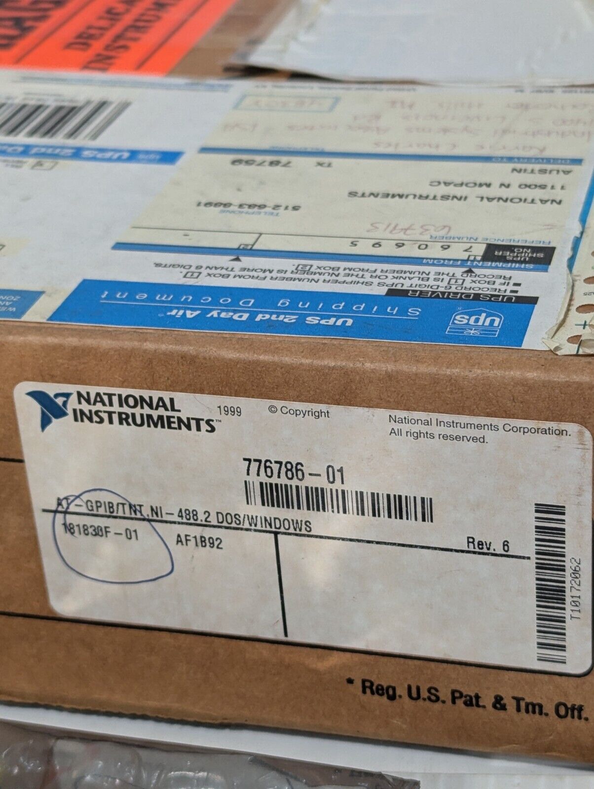 National Instruments 181830F-01 interface card, 776786-01, AT_GPIB/TNT, NI-488.2