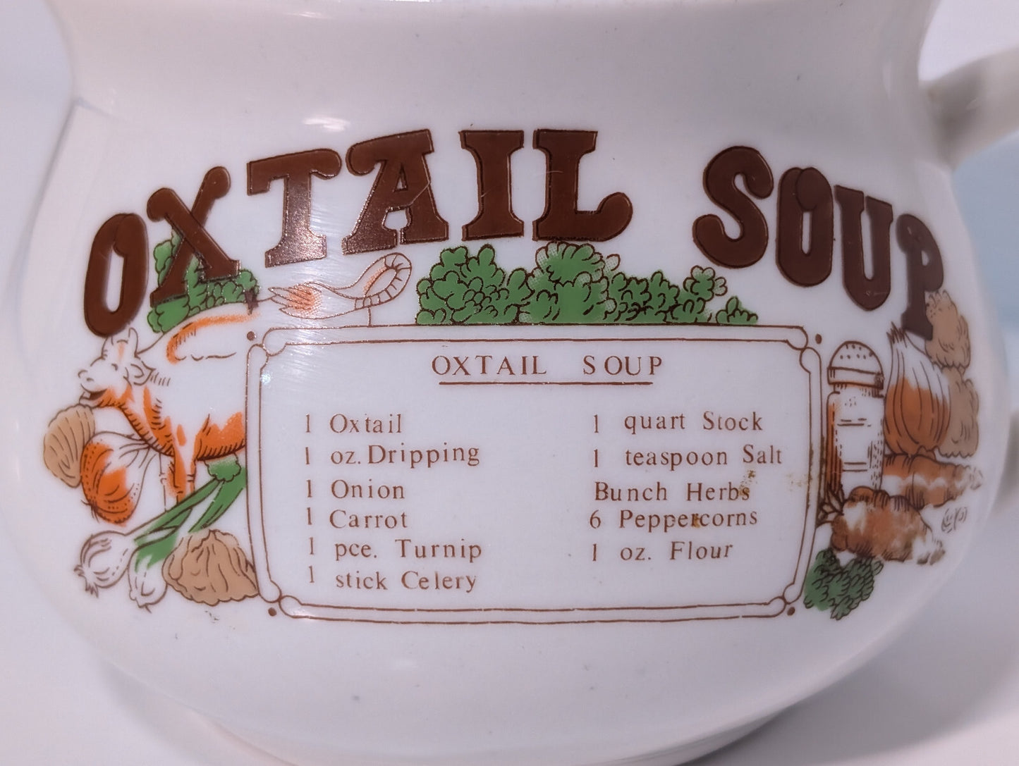 Vintage 1970s Oxtail Soup Bowl Recipe Ingredients Handled Ceramic Stonewear Mug