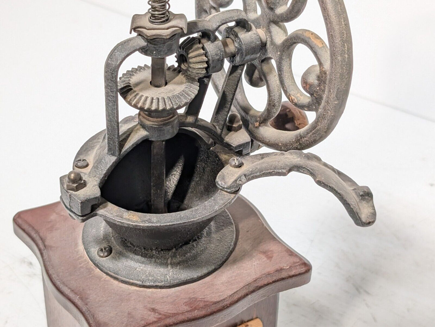 Vintage wood and cast iron manual coffee grinder as pictured with little drawer