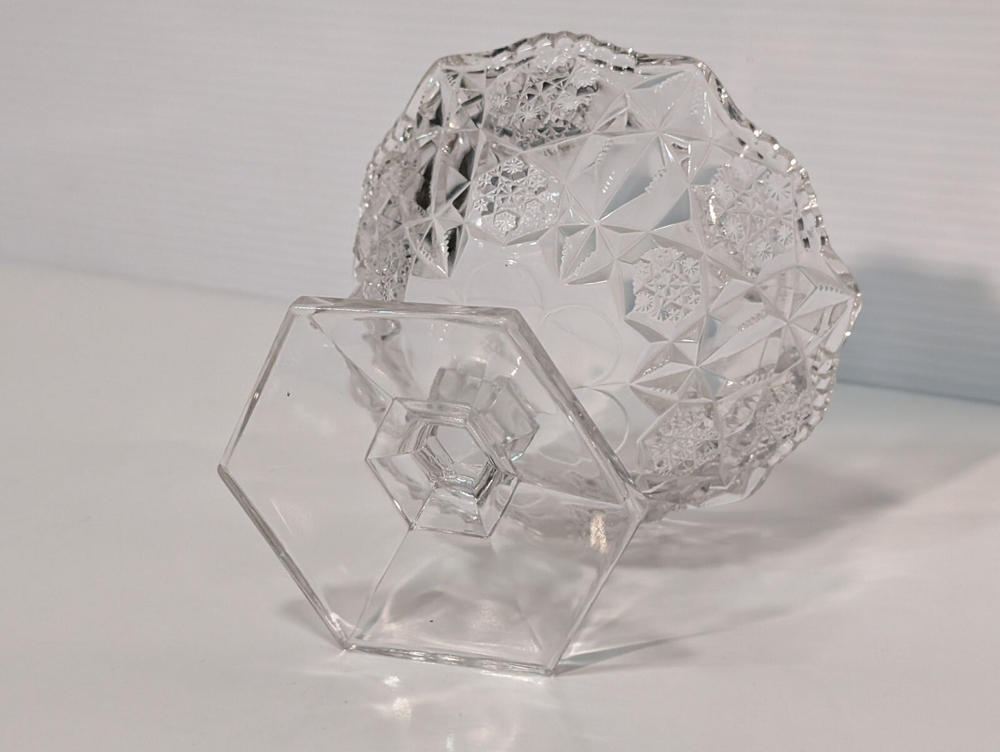 Vintage Clear Glass Crystal Candy Dish Snowflake Pattern Hexagon Pedestal Base
