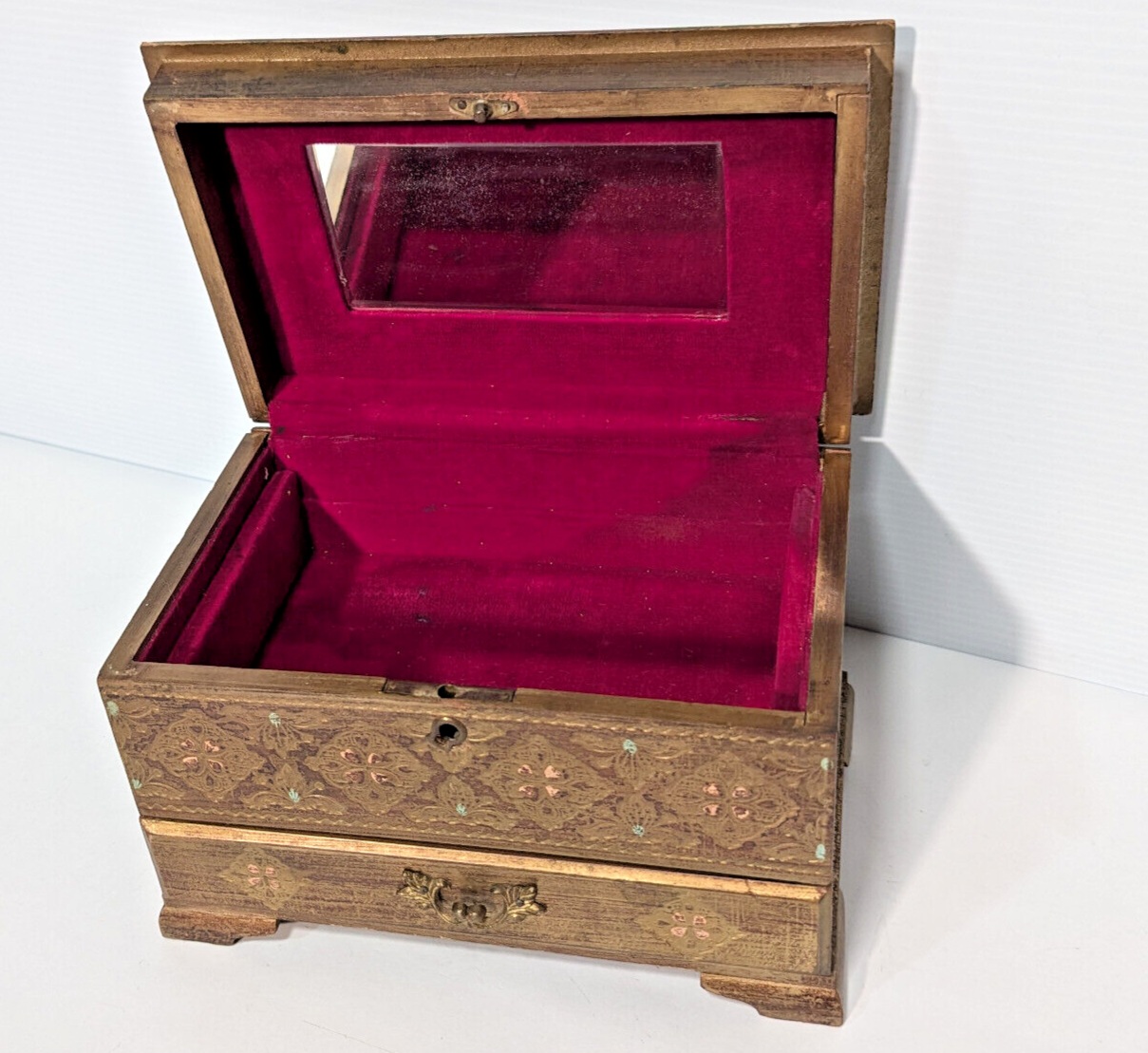 Vintage 1960s Gold Florentine Royal Sealy Wooden Drawer Chest Mirror Jewelry Box