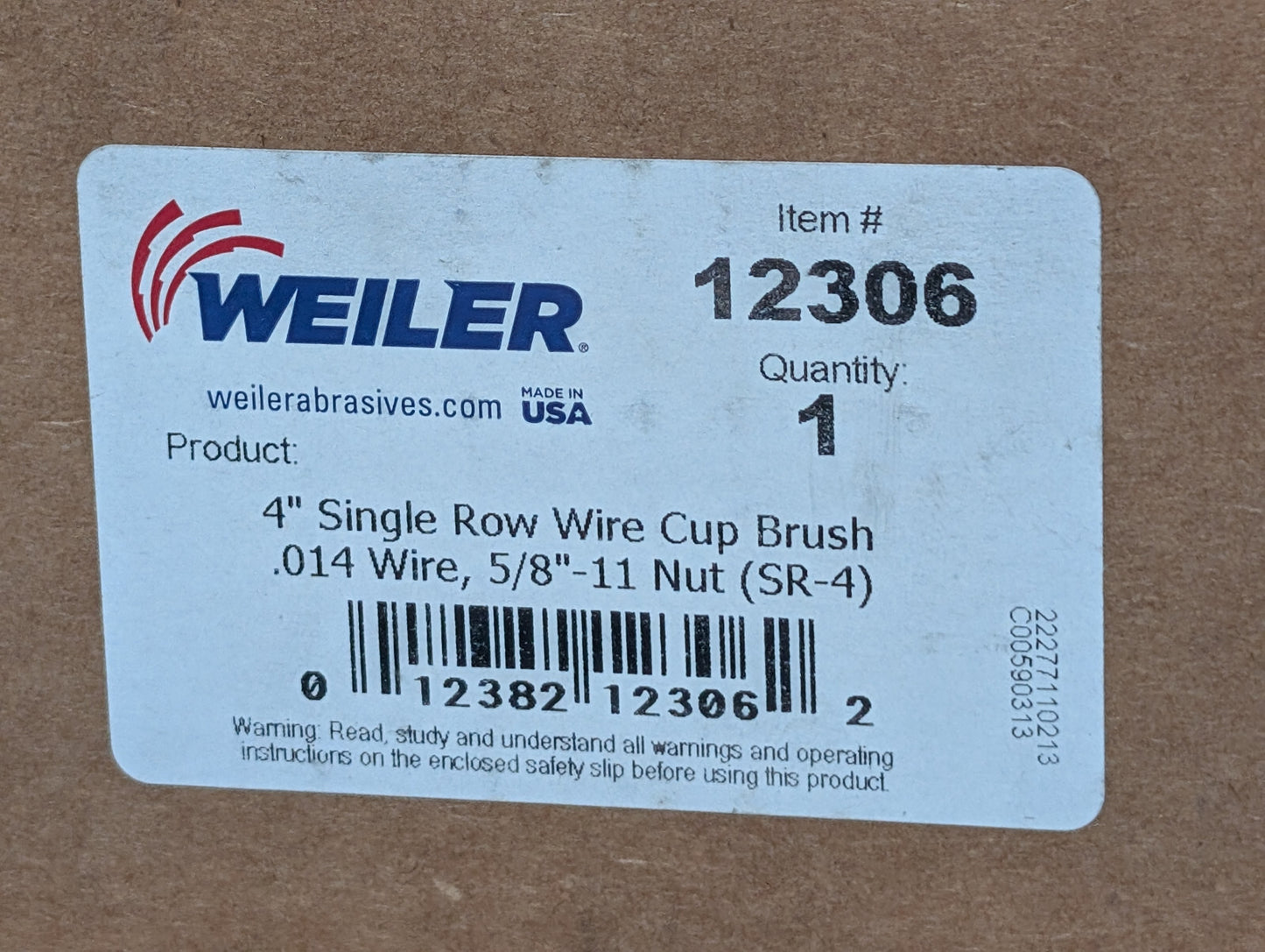 Weiler 12306 Single Row Wire Cup Brush, 4", .014 Wire, 5/8"-11 Nut, 10,200 RPM