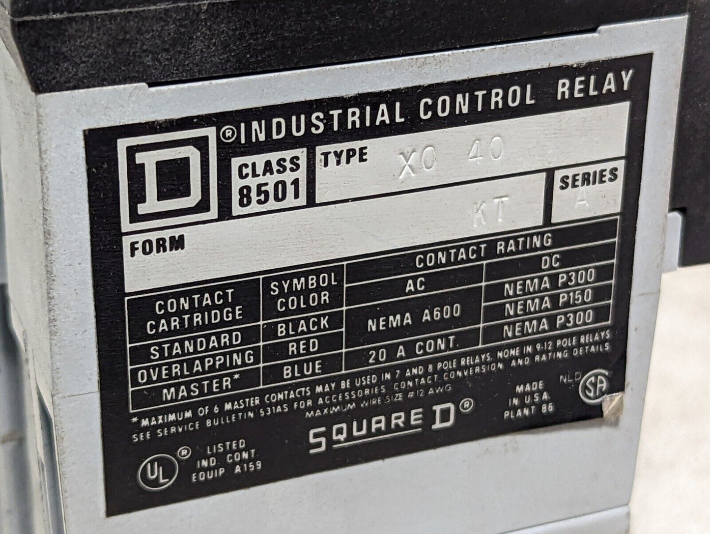 Square D 8501-X040 industrial control relay, form HT