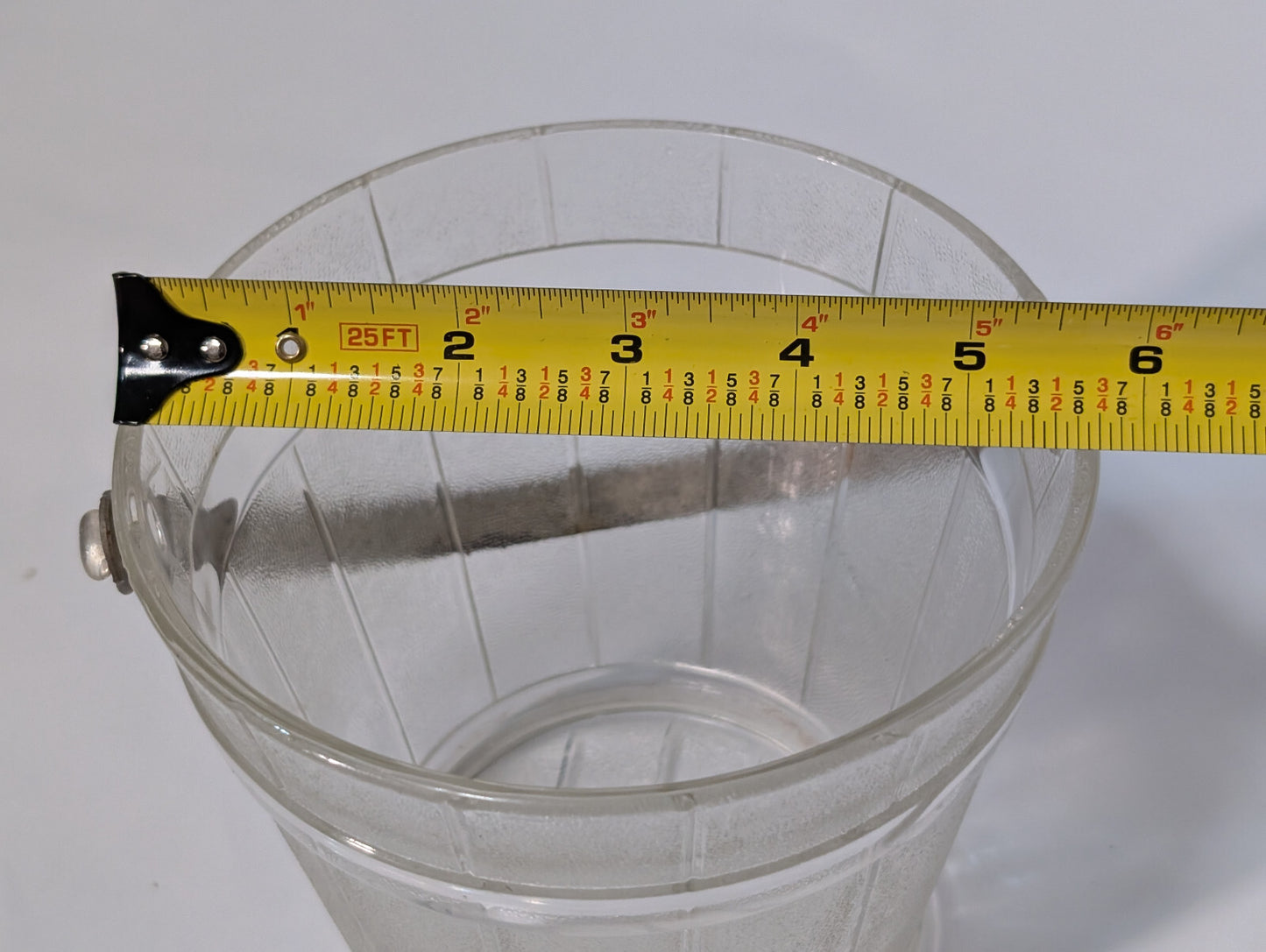Vintage Mid Century Clear Glass Barrel Ice Bucket Hammered Gold Handle