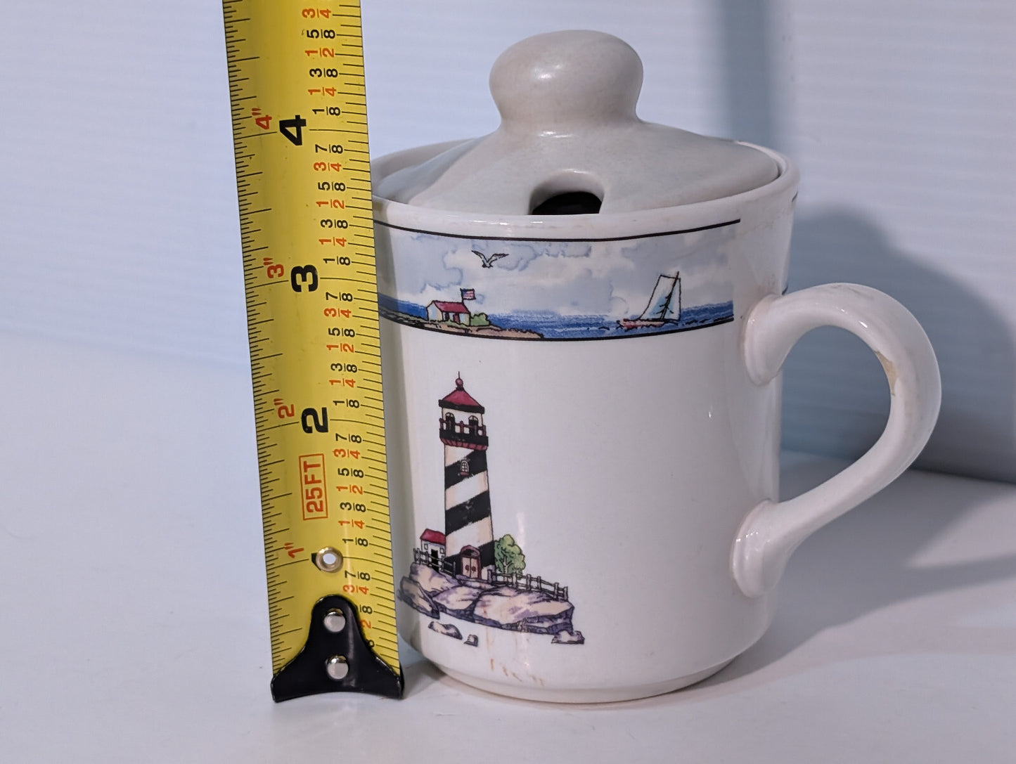 Vintage Lighthouse Maritime Sailboats Ceramic Stonewear Lidded Tea Coffee Mug