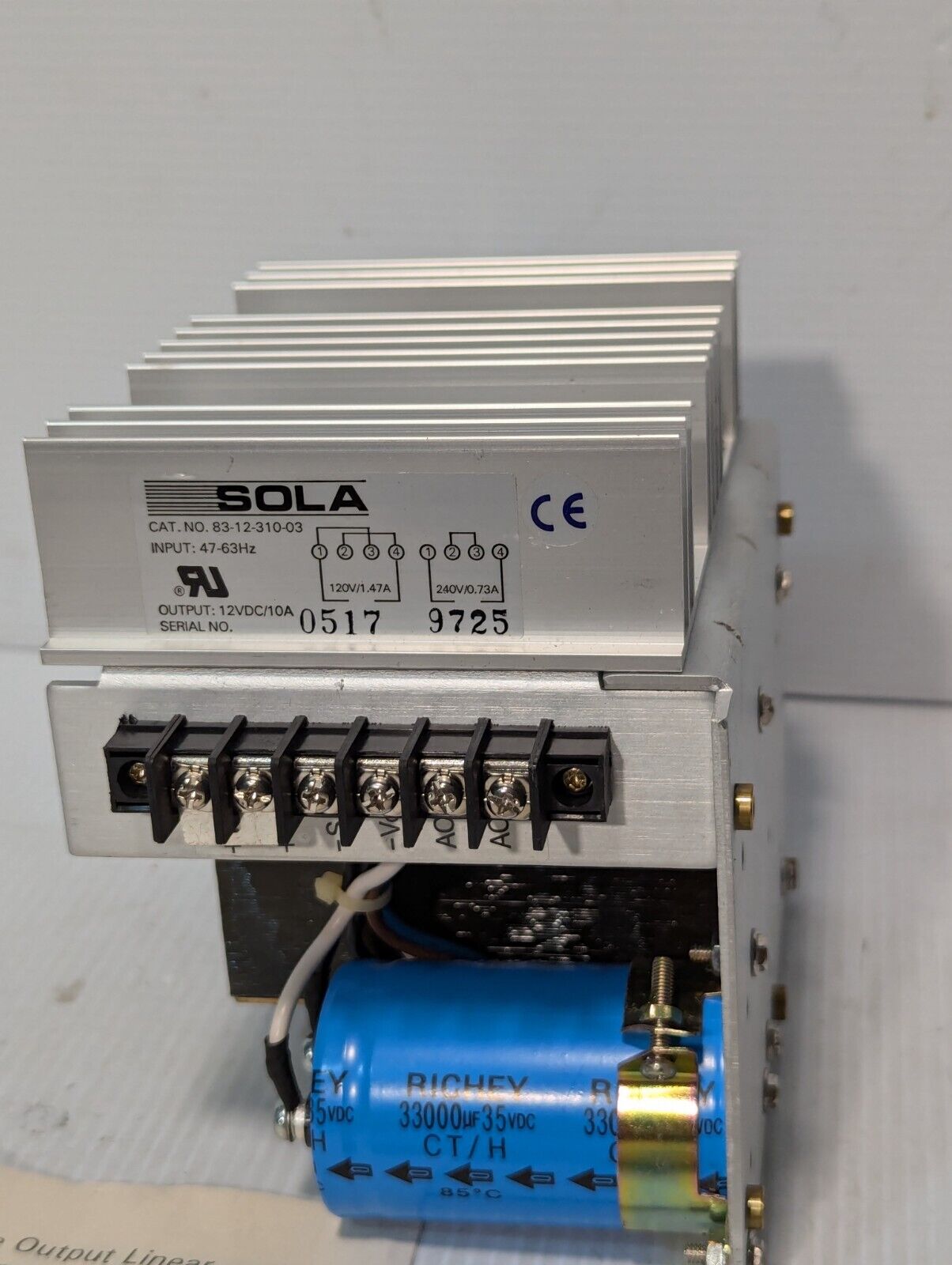 SOLA 83-12-310-03 power supply, output 12VDC/10A, input 120/240VAC, 47-63Hz