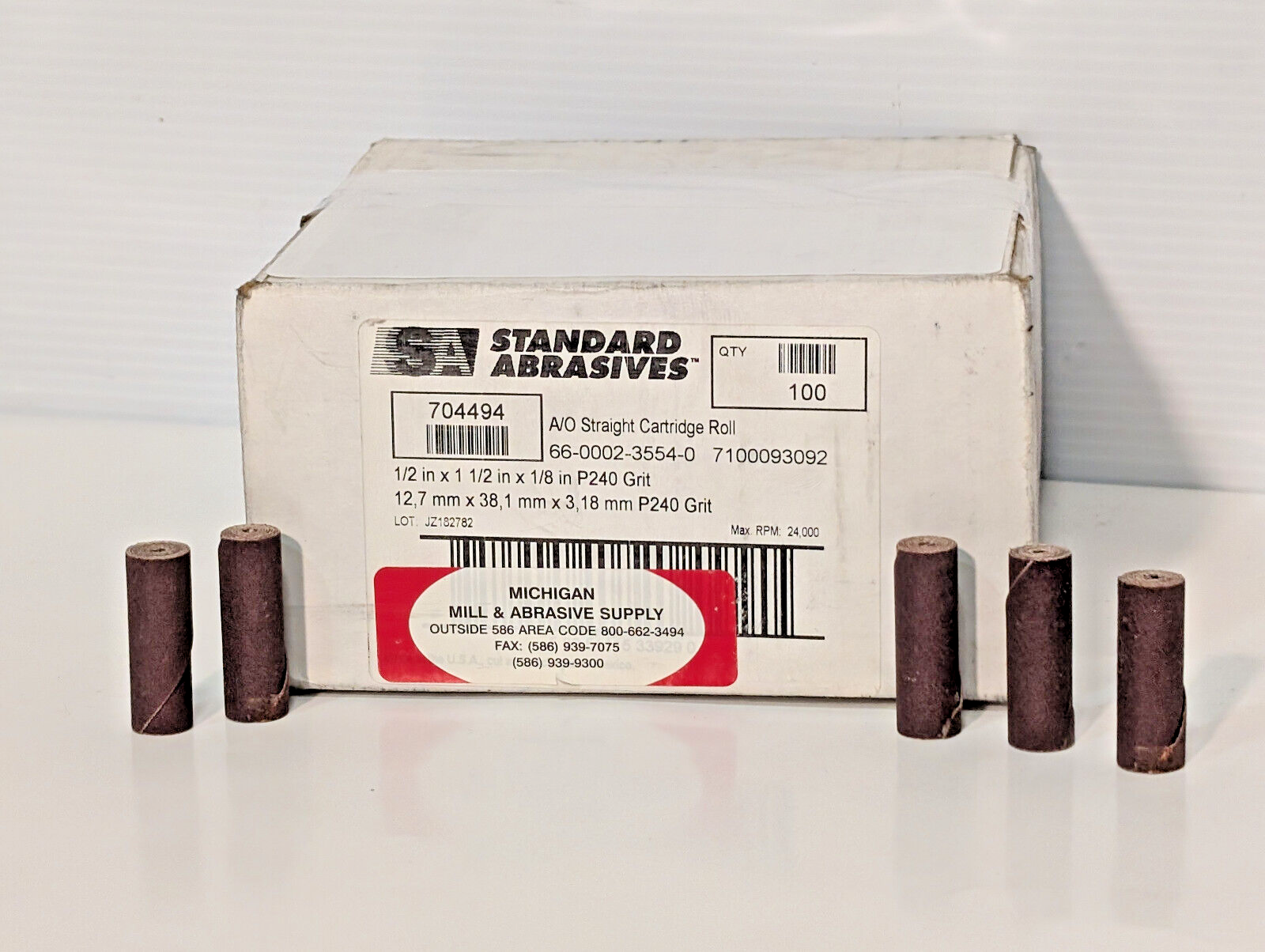 Standard Abrasives #704494 Straight Cartridge Roll P240 Grit, 1/2"x1-1/2"x1/8"