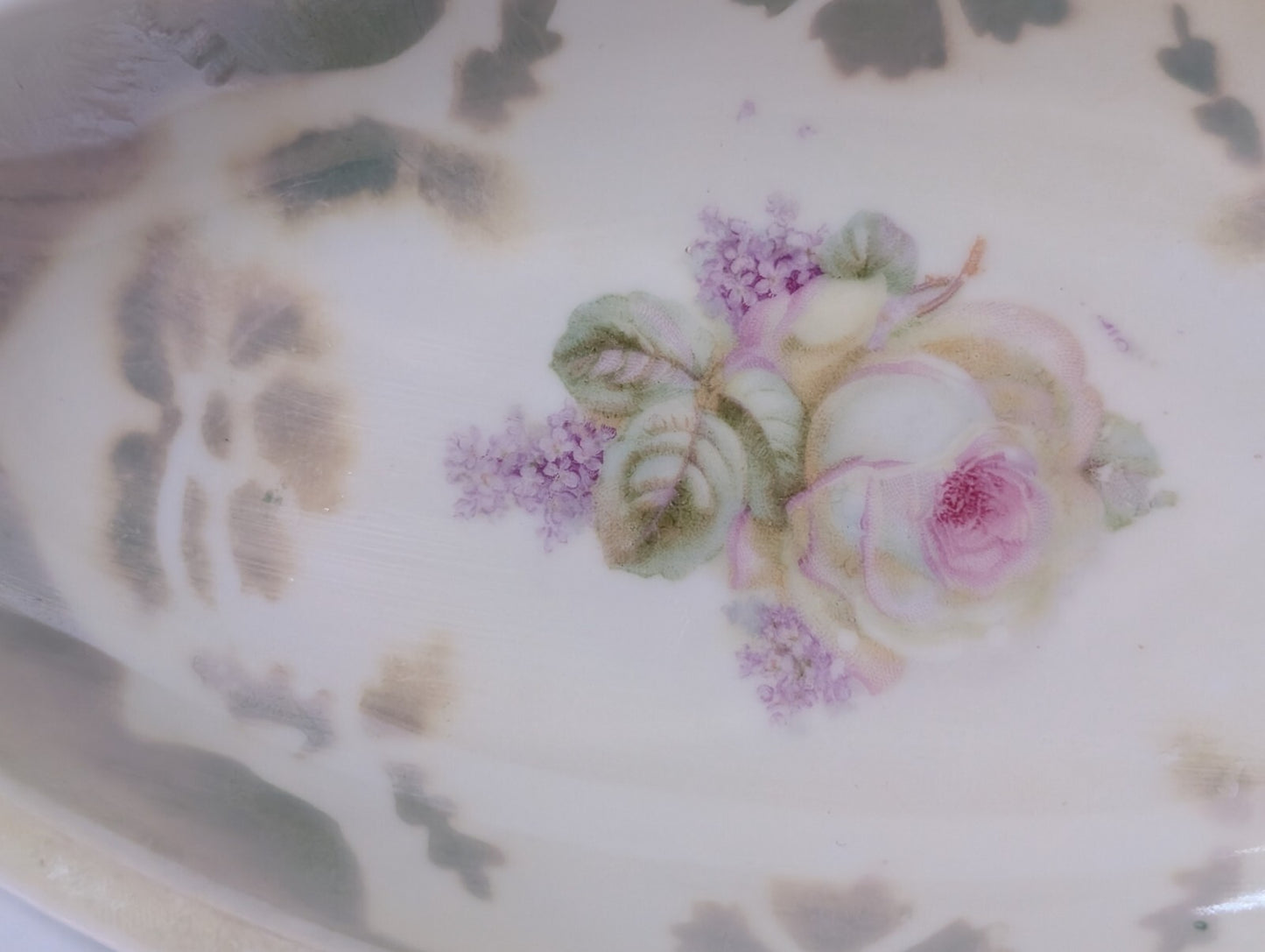 Vintage Three Crowns Germany Floral Porcelain Oval Dish China Luster Ware