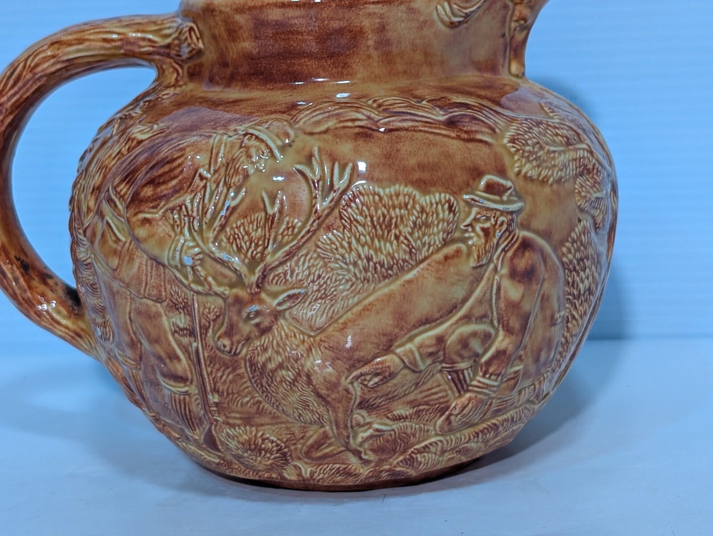 Vintage Brown Glazed Pottery Pitcher Elk, Deer, Buck, Hunters, Forest Wood Scene