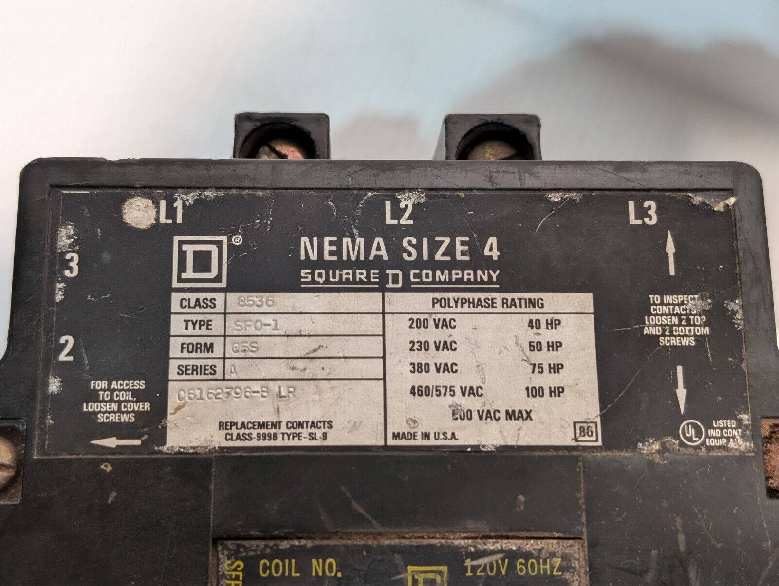 Square D 8536-SFO-1 C5S motor starter, ser A, NEMA sz 4, 120VAC coil as pictured