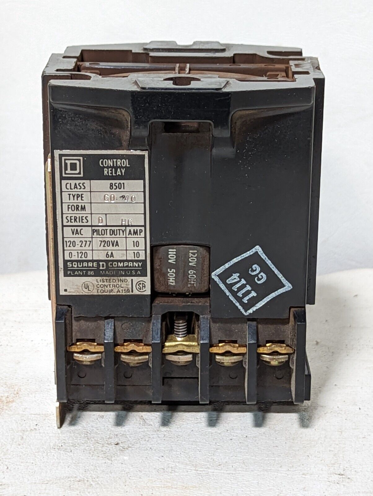 Square D 8501GO40 control relay, 110/120VAC coil, 8501G040