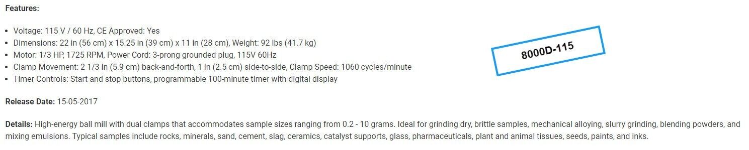 SpexCertiPrep 8000D-115 Mixer/Mill, High-Energy Ball Mill, 115v @60Hz, 1725rpm