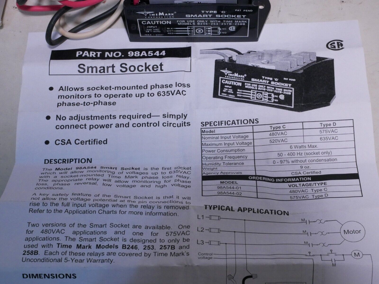 Time Mark SS-480 98054401 SMART SOCKET, TYPE C, 480 VAC