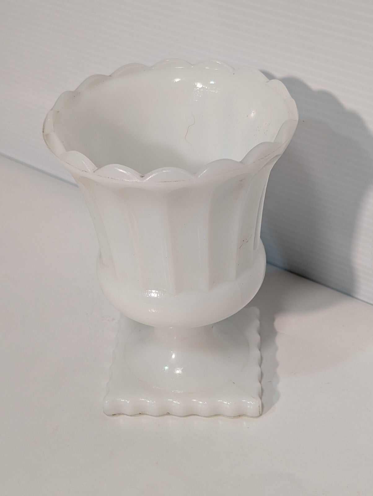 Vintage Hazel Atlas Milk Glass Grecian Style Pedestal Scalloped Compote Vase
