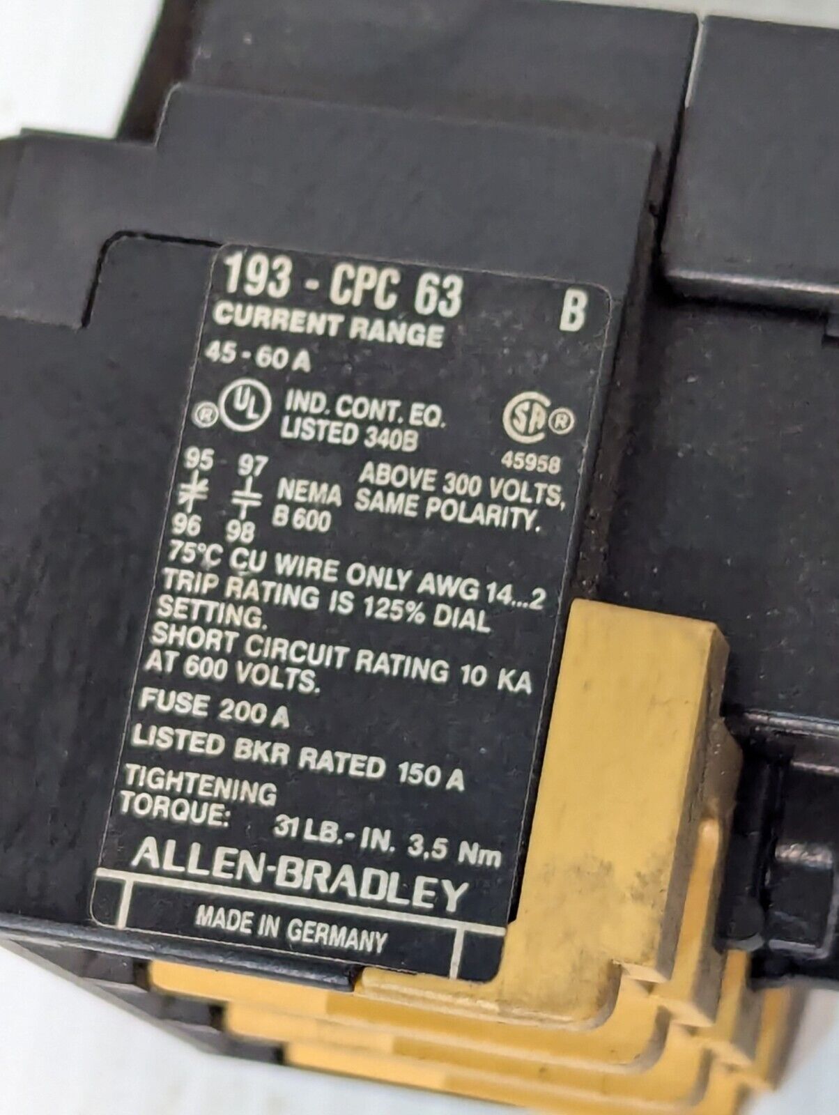 Allen Bradley 193-CPC63 Ser B Overload Relay, Current Range 45-60A -Free Ship
