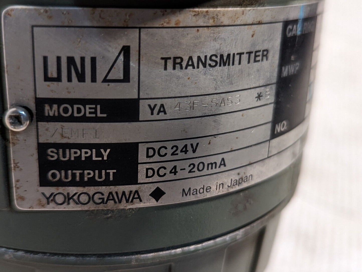 Yokogawa YA 43F-SAS3 Pressure Transmitter, 0-60PSIG cal range, 150PSI max