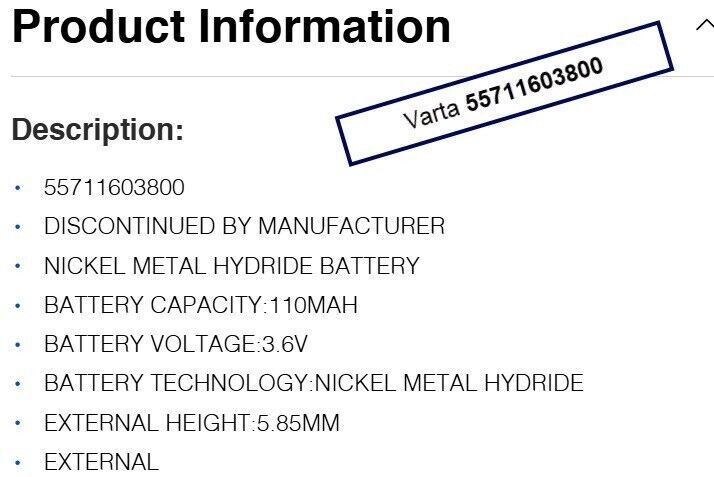 Varta 55711603800 Nickel Metal Hydride Battery, 3.6V, 110 mAh, 3/V110HT