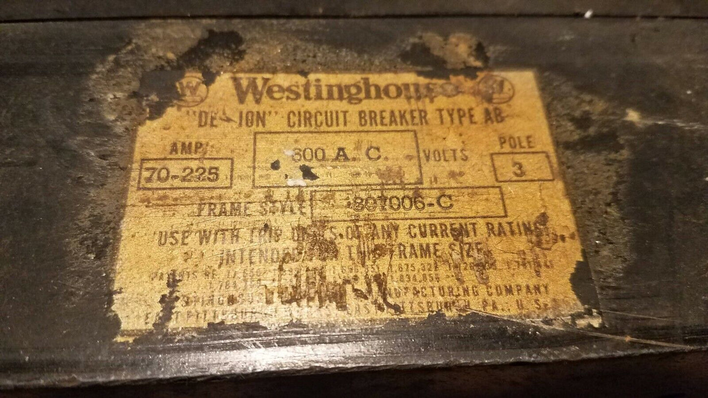 Westinghouse AB De-Ion Circuit Breaker, 600 VAC, 225A, 3 poles