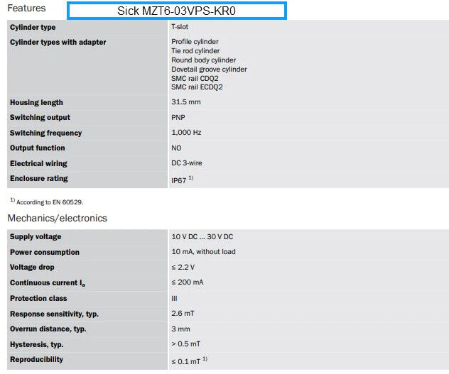 Sick MZT6-03VPS-KR0 Sensors for T-slot Cylinders,10-30vdc, 500mm - Free Shipping
