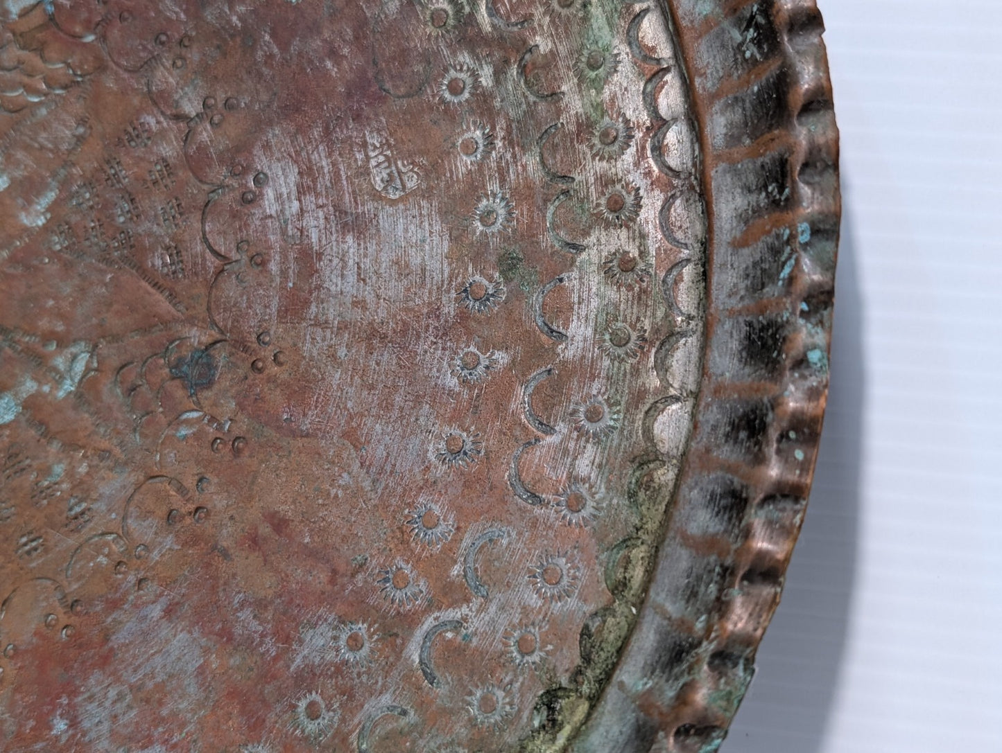 Vintage Hammered + Etched Copper Tray, Possibly Persian or Syrian, 13" Diameter
