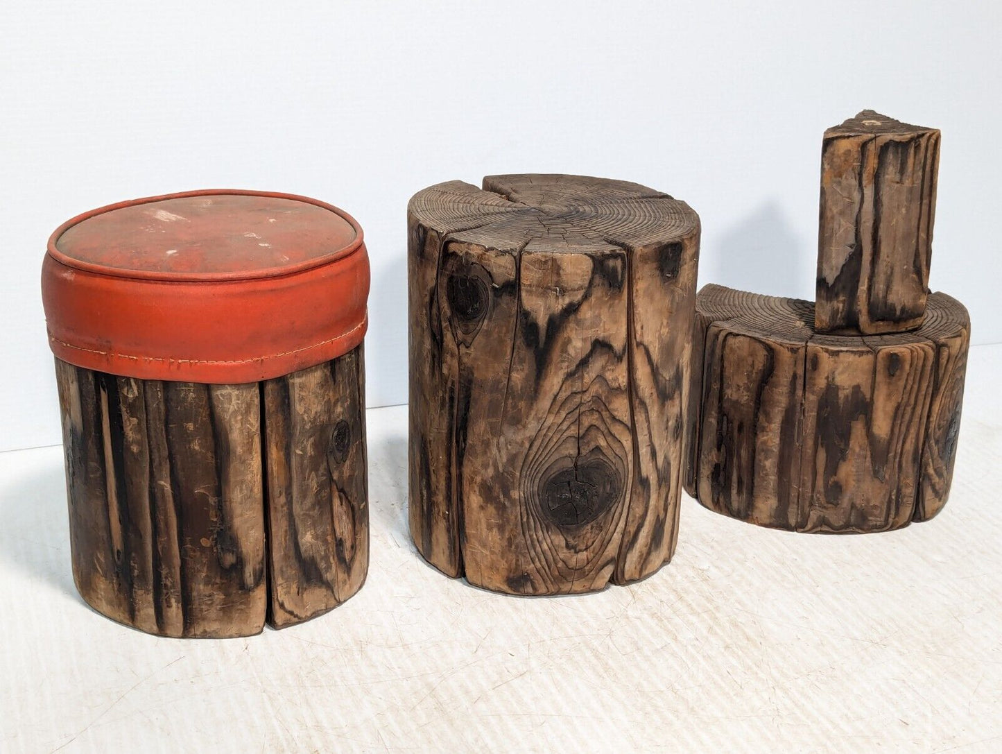 3 Piece Rustic Log Stools \ Tables, Beautifully Weathered - Free Shipping