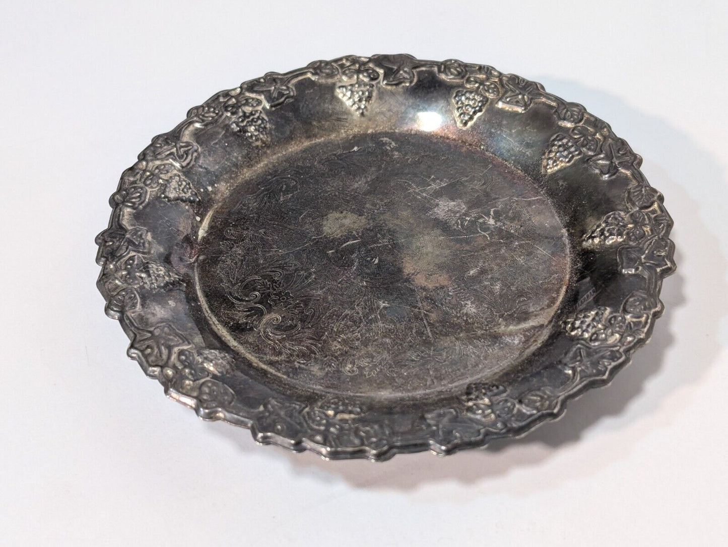 Vintage Bugle Candlestick 9" and Silver Plated Tray with Grapes, Sheffield 6"
