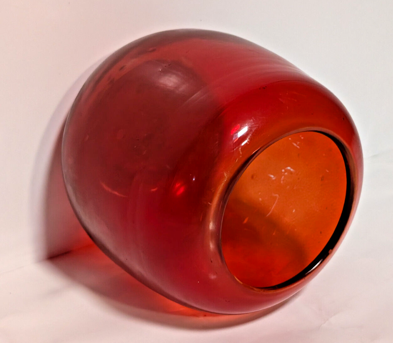 Vintage Poppy Red Round Oval Mid Century Modern Glass Vase, 1960s, Minimalist