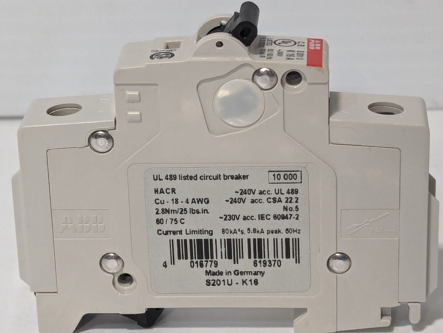 ABB S201UK16A Circuit Breaker, 16A, 1 Pole Unit 240VAC - Free Shipping