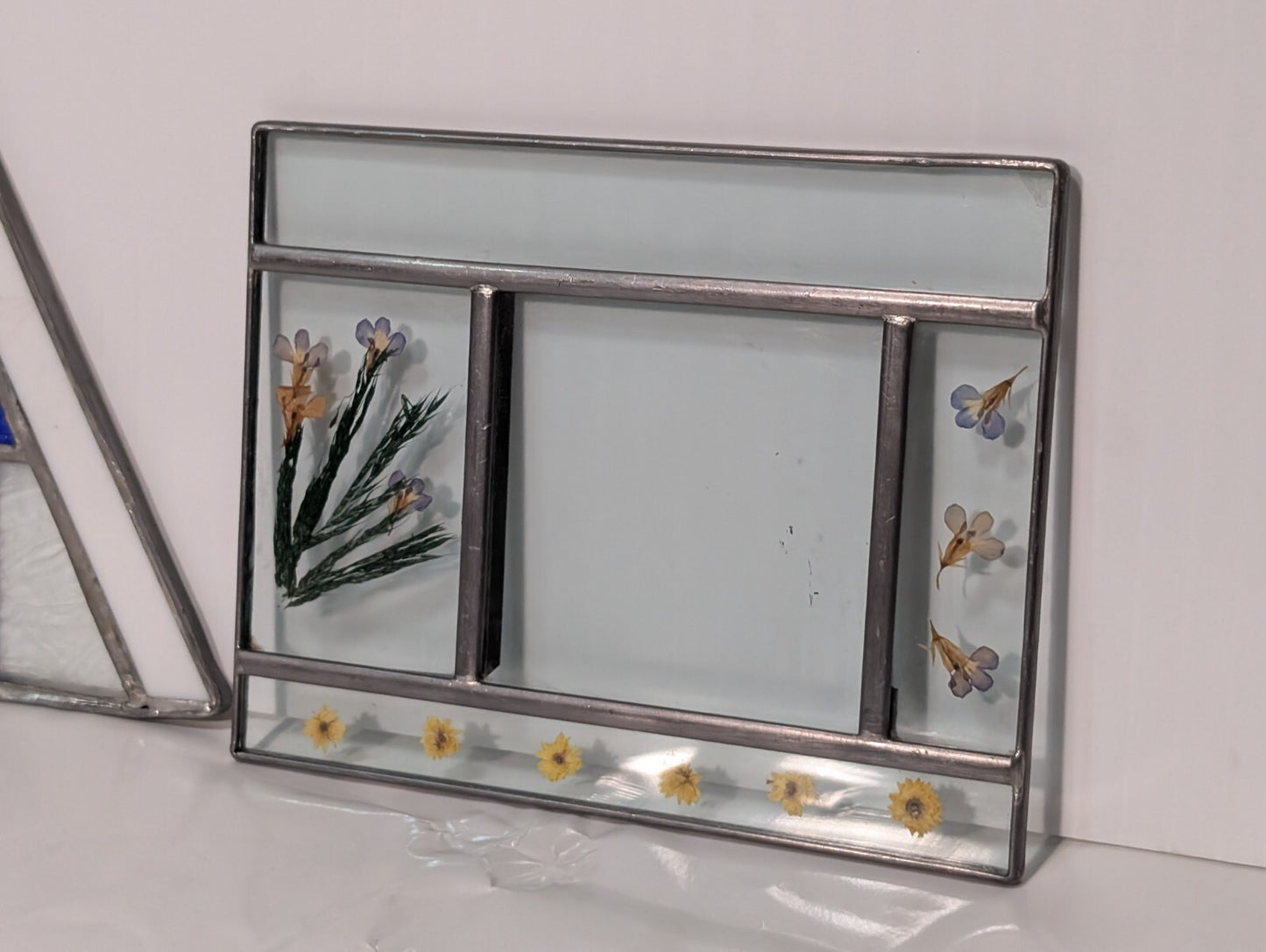 Unique Leaded Glass Panel with Flowers, Rectangular 7" Wide x 5.5" Tall