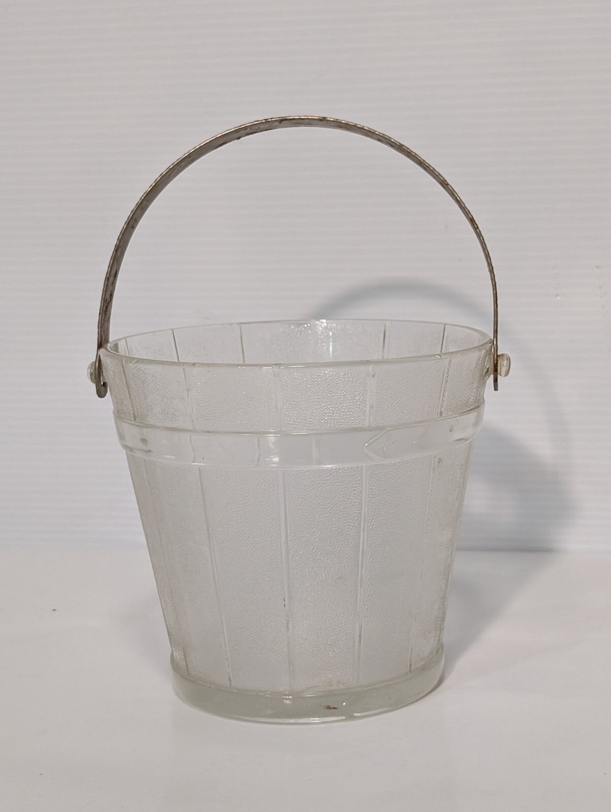 Vintage Mid Century Clear Glass Barrel Ice Bucket Hammered Gold Handle