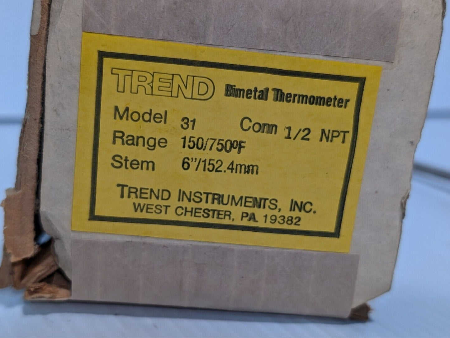 Trend 31 bimetal thermometer, 150-750 deg F, 6 inch stem, 1/2 NPT conn
