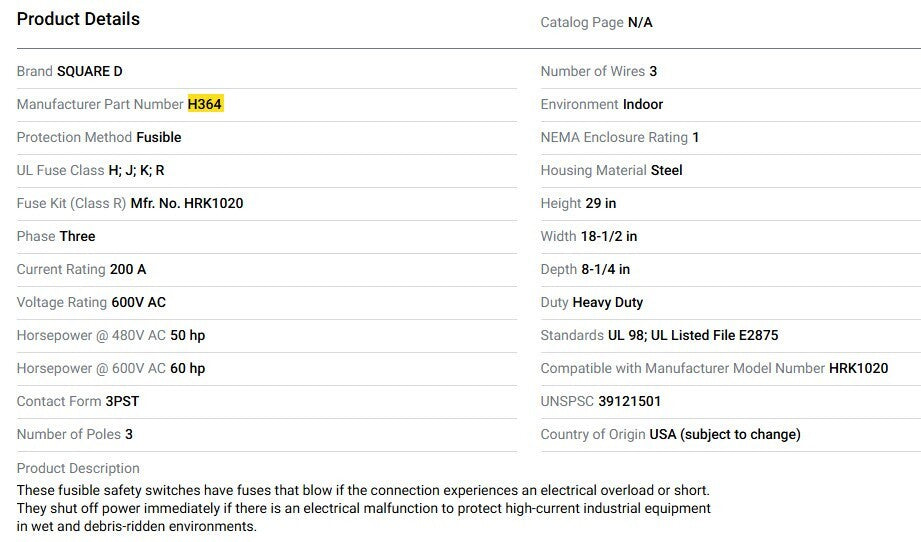Square D H364 Heavy Duty Safety Switch, 200A, 600vac, 600vdc, Indoor Use, 3Phase
