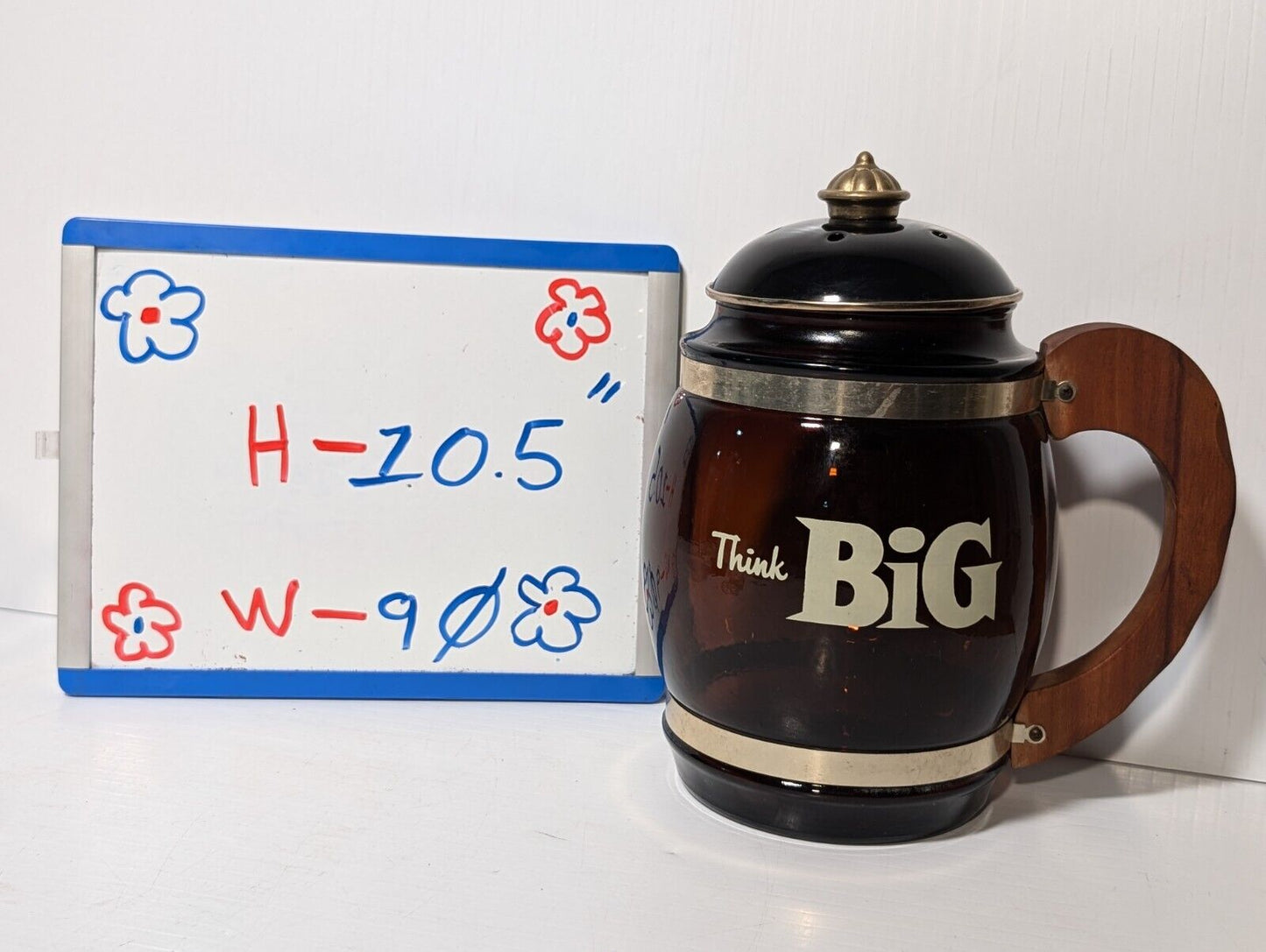 Vintage Siesta Ware "Think Big" Glass Barrel Mug Amber with Wooden Handle