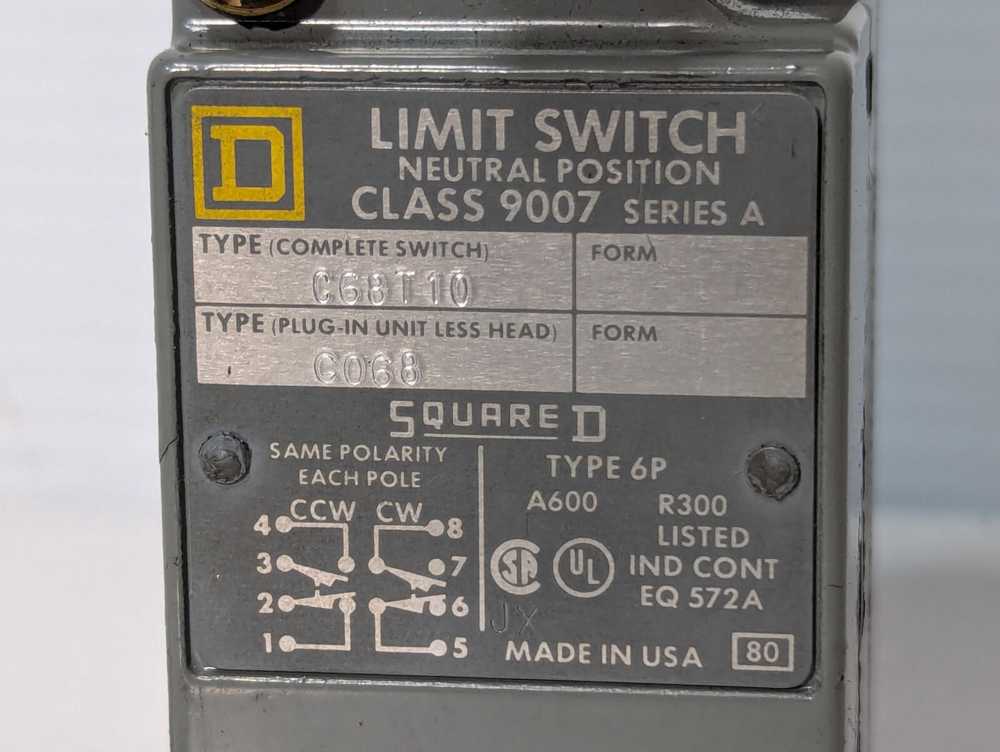 Square D 9007-C68T10 Mechanical Turret Head Position Switch, 10° Pre-travel Arm