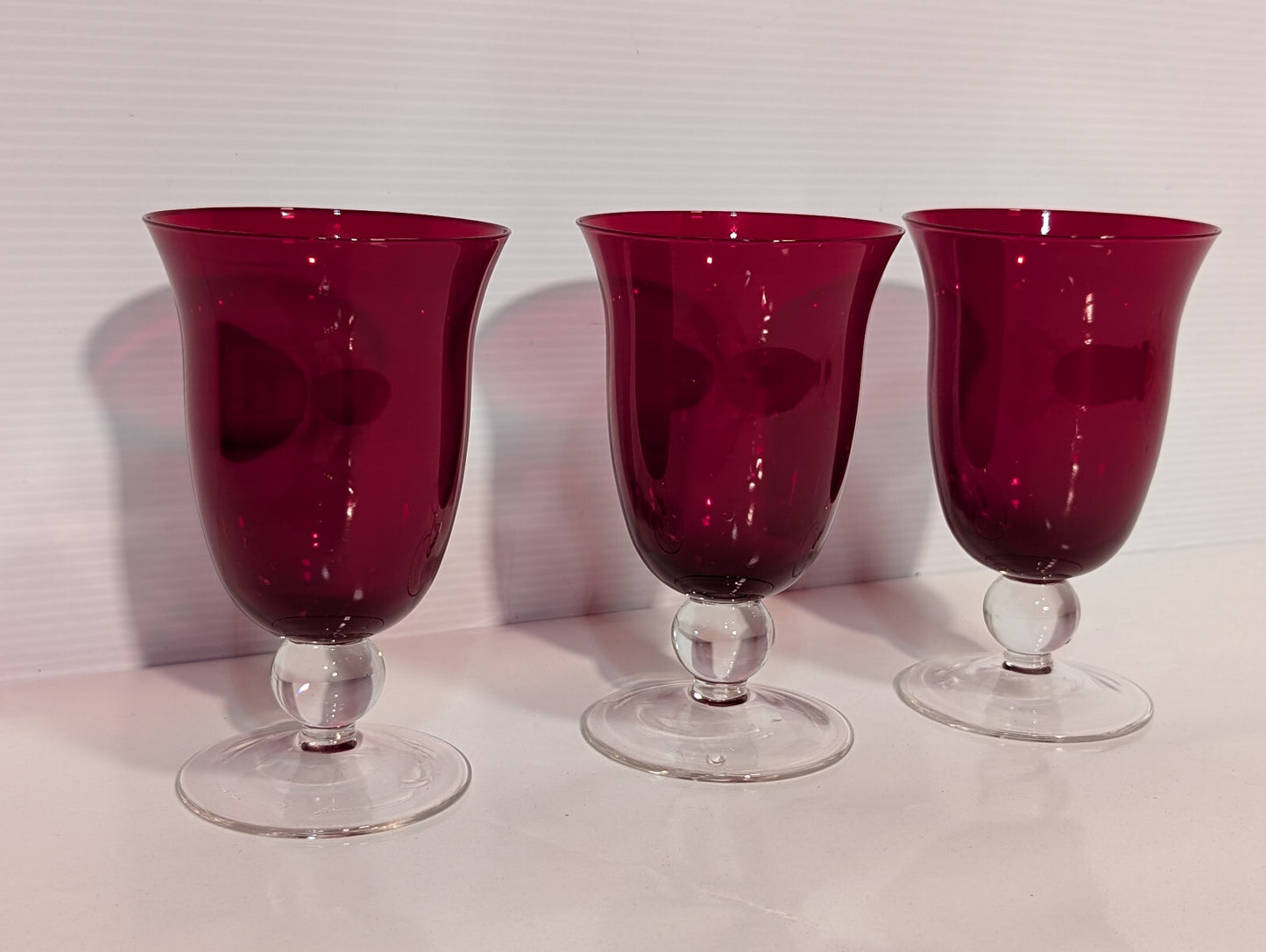 3 Vintage Ruby Red Goblets Fluted Clear Stem Tumblers Holiday Retro Celebration