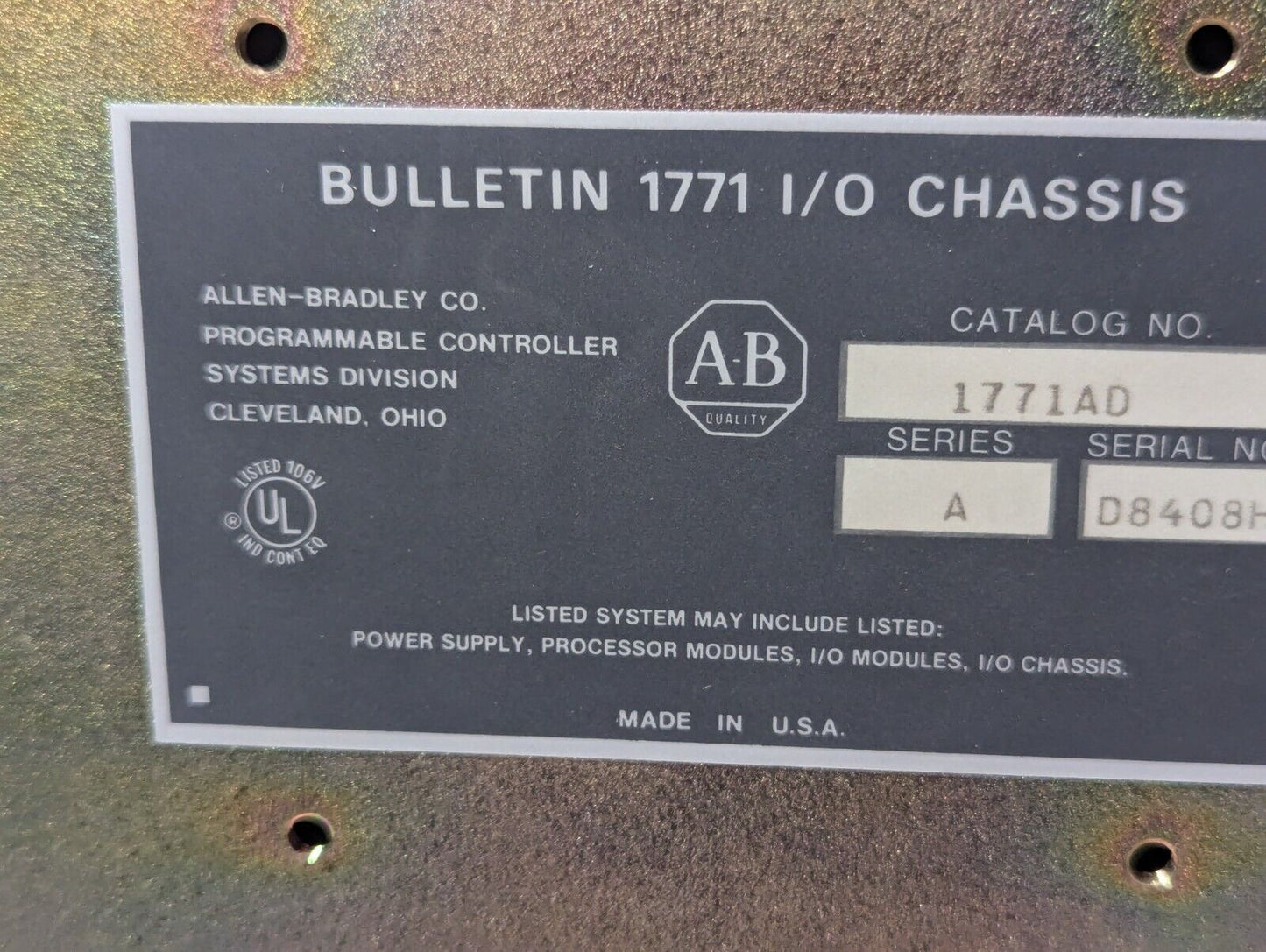 AB Bulletin 1771AD 16 Slot I/O Chassis w/Modules and PLC-2/15 Controller