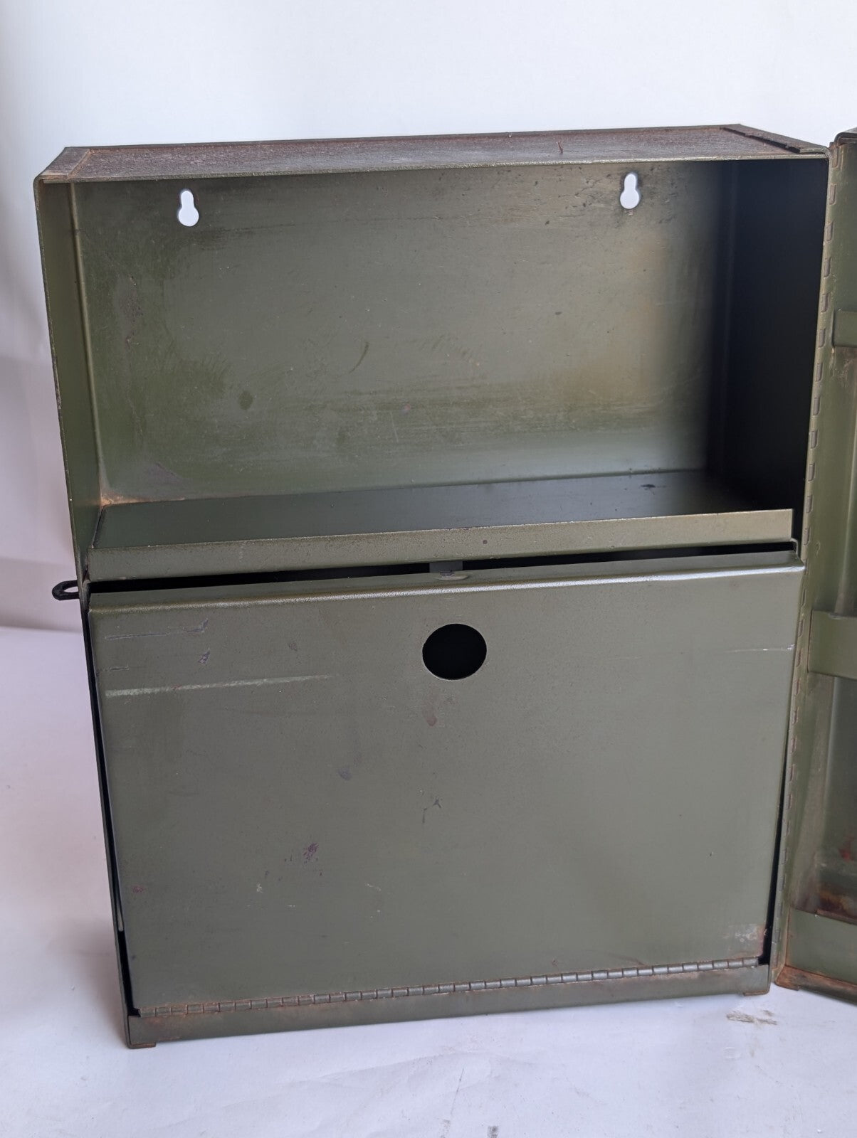Vintage Metal Cabinet Storage Box with Flap Fold-out, Latch, Shelving
